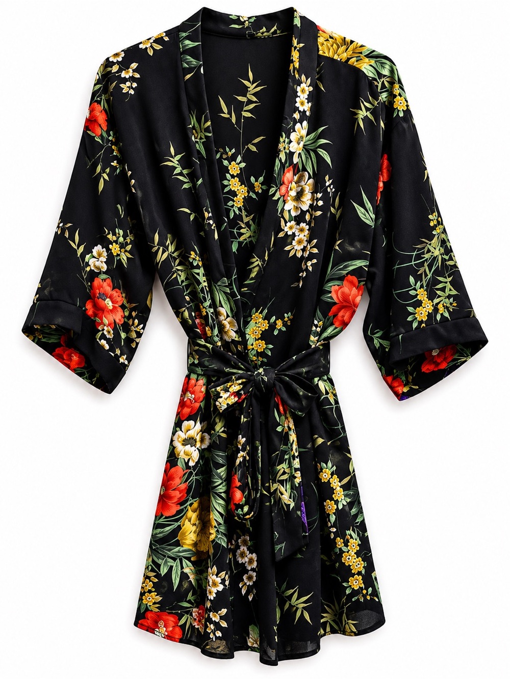 Flora Nikrooz Black Floral Kimono Robe Size L | Luxe Lounge Sleepwear Tie Waist